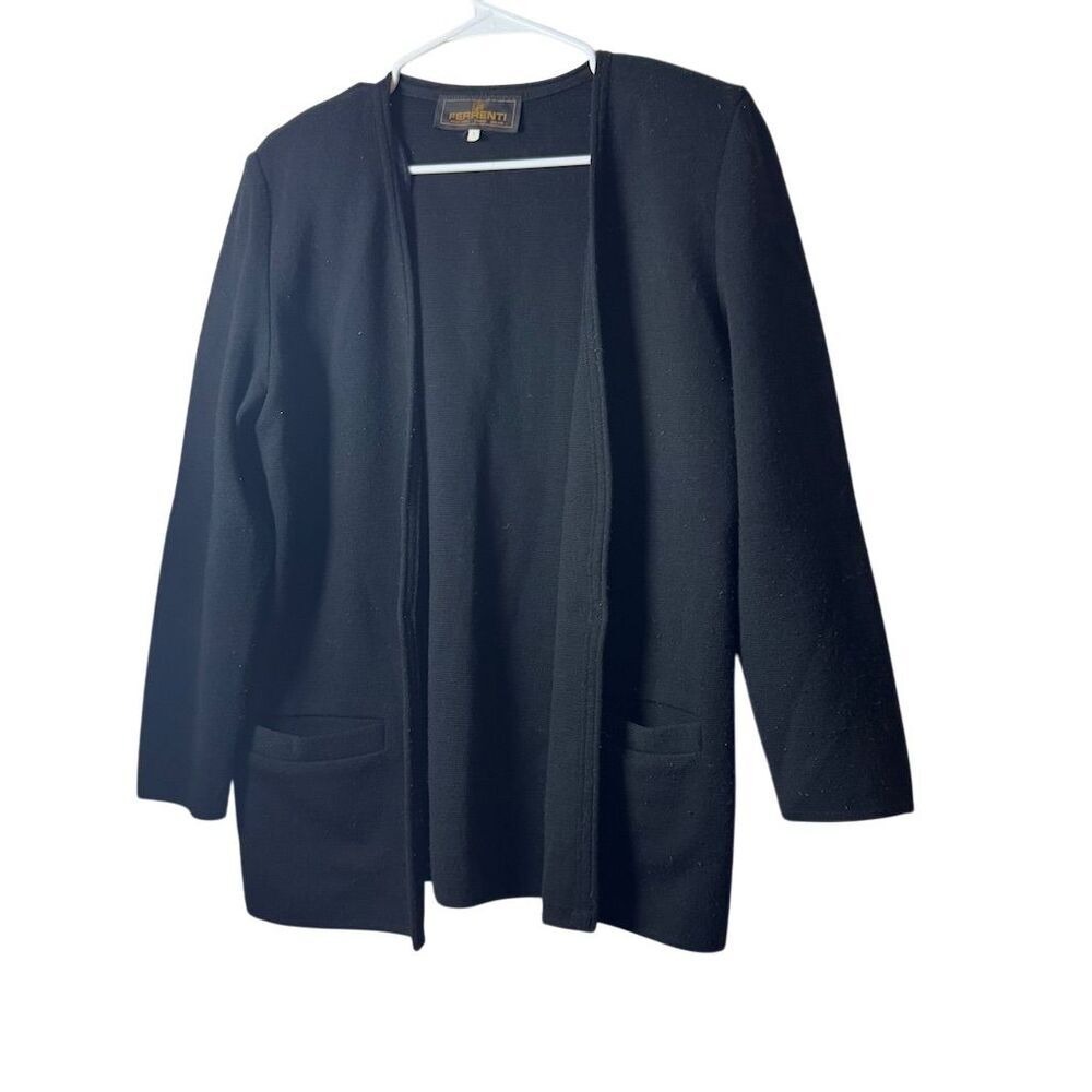 Ferrenti Black Wool Blend Open Front Cardigan Sweater Blazer Pockets‎ Mens Small